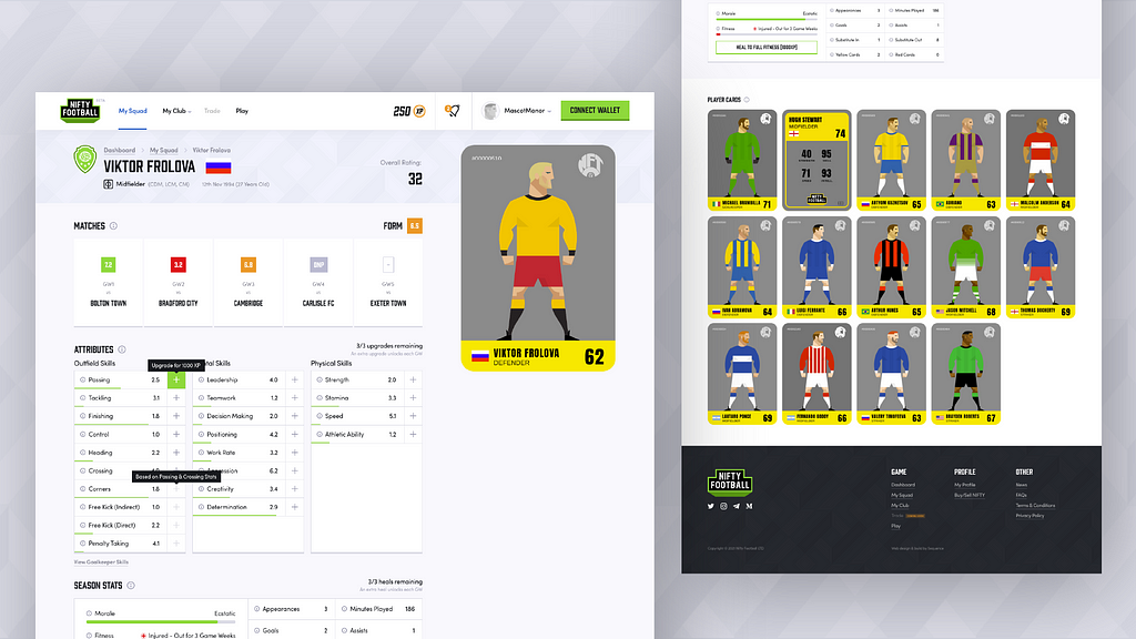Nifty Football graphics showing player cards and the drill down page of each one