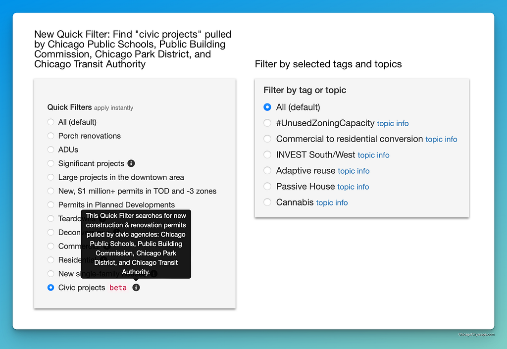 composite screenshot showing the two new features in Building Permits Browser