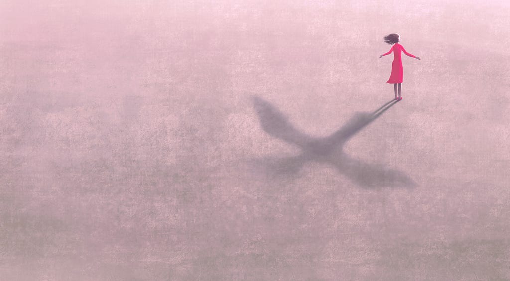 Illustration shows a woman in a pink dress with outstretched arms who has a shadow of a bird.
