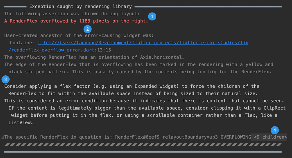 Un esempio del nuovo messaggio di errore strutturato visualizzato dall'utente quando si verifica un errore di overflow di RenderFlex.