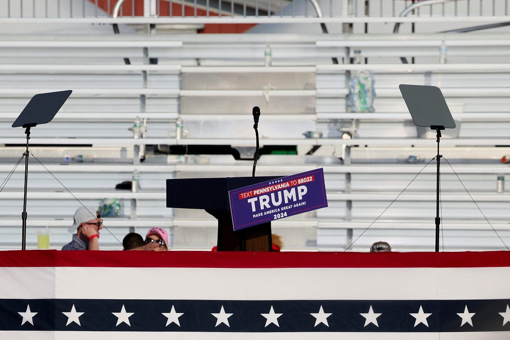 The stage at Butler Farm Show, where shots were fired during a campaign rally for former President Donald Trump in Butler, Pennsylvania, July 13, 2024. Photo by Brendan McDermid/Reuters