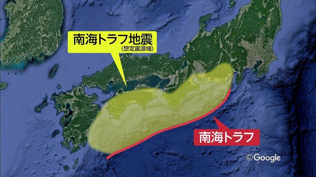 A map of Japan showing the Nankai Trough and a huge affected area over a large part of Japan’s east coast.