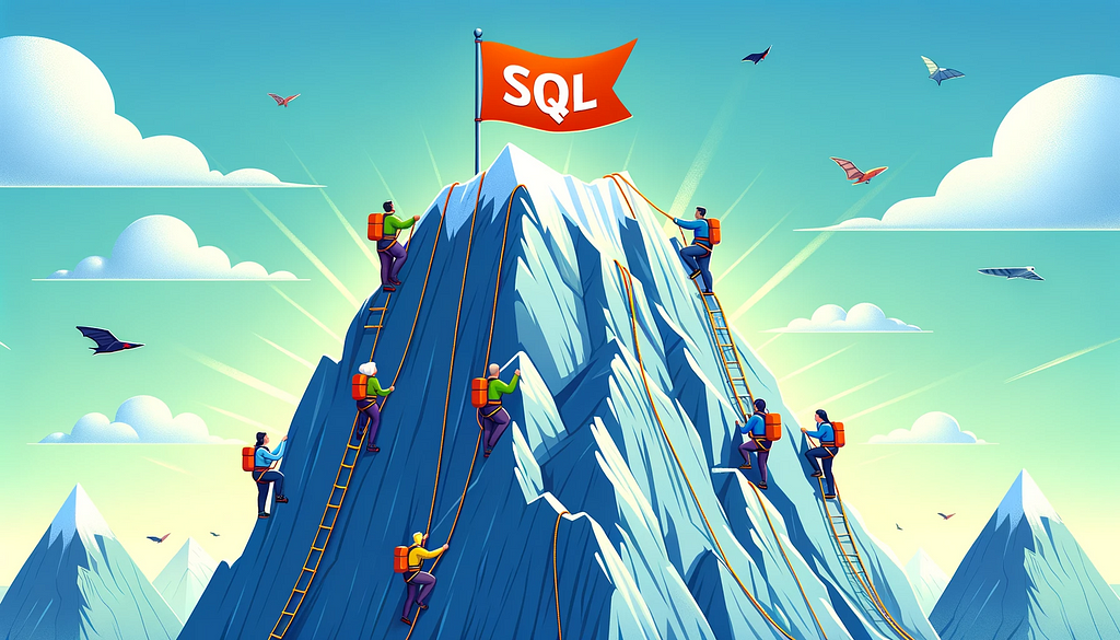 Illustration of a towering mountain labeled ‘SQL Summit’. Climbers of diverse gender and descent are scaling its steep sides, using tools like query ropes and data-driven pickaxes. At the summit, a flag with the SQL logo flutters, symbolizing the achievement of mastering SQL.