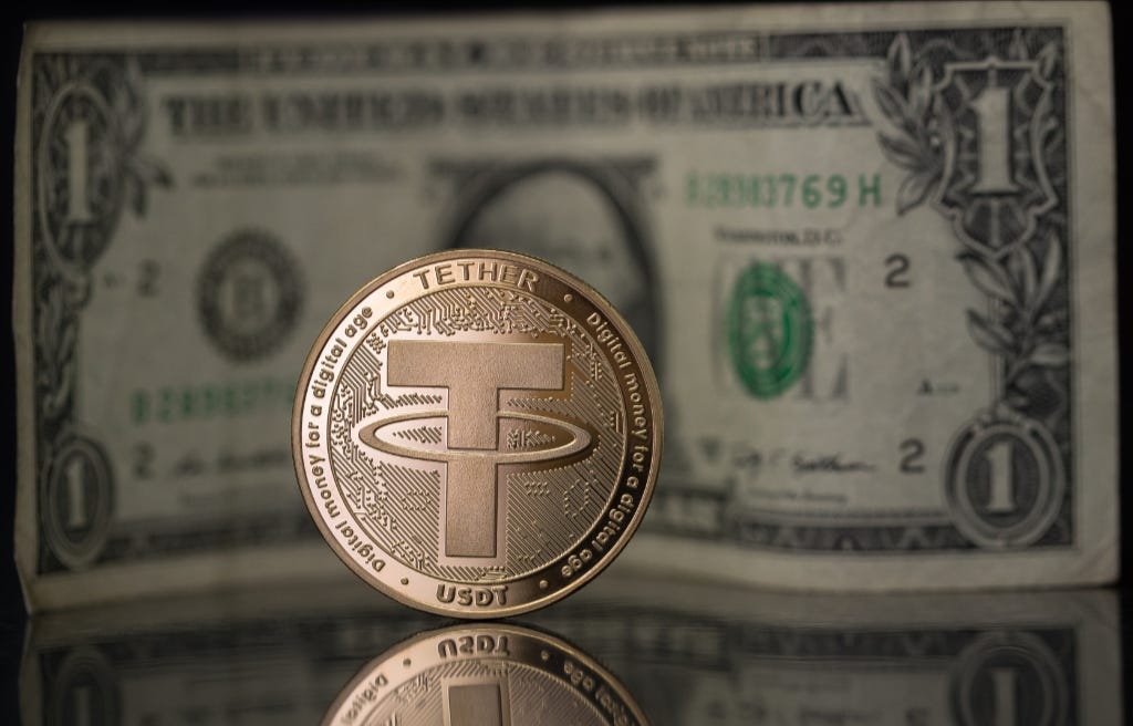 Tether USDT Coin with US Dollar Bill
