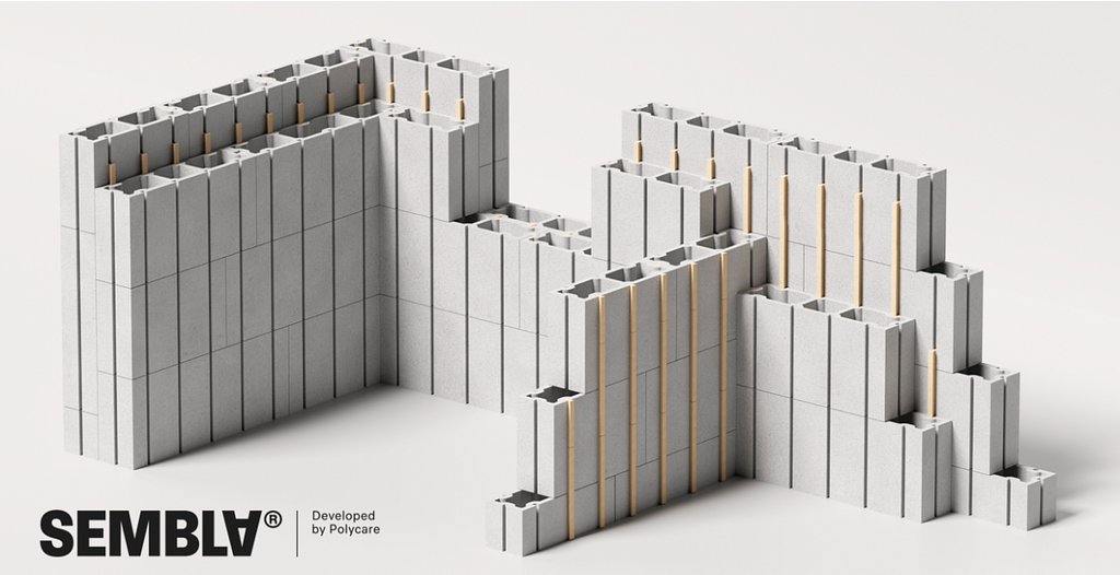Polycare’s next generation wall system. Reusable and dismantlable geopolymer-based CMUs (concrete masonry units). 100 % cement-free.