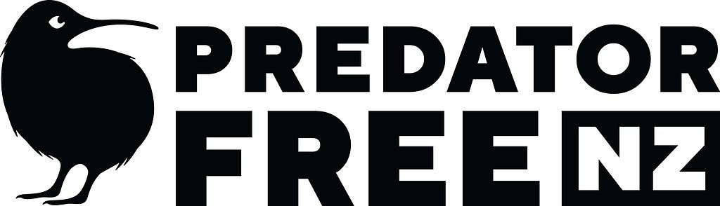 “Predator Free New Zealand” logo in black and white text, with a small black bird.