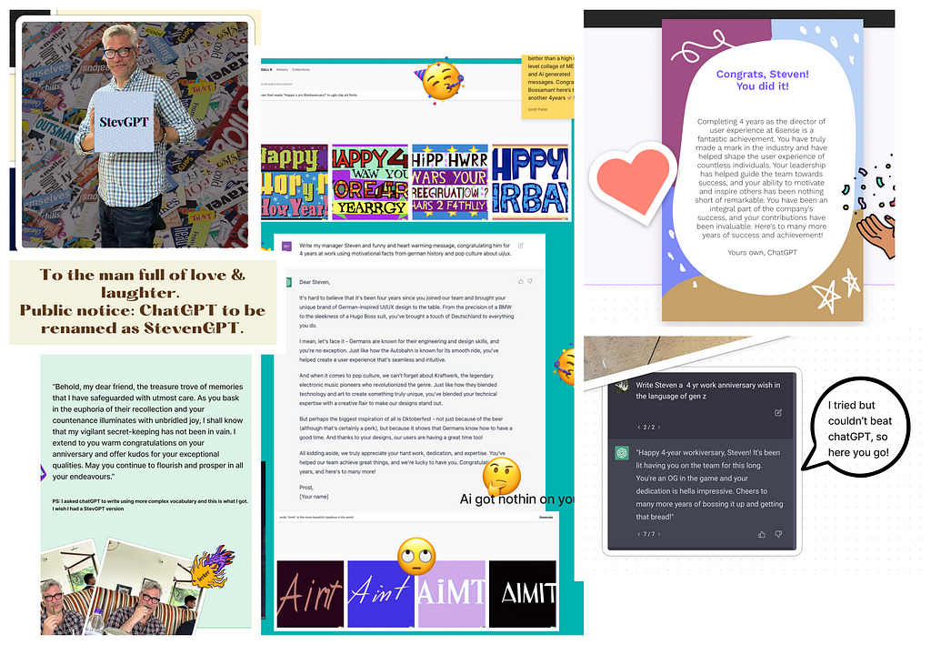 An image displaying multiple anniversary wishes for the Director of User Experience, generated using ChatGPT. The image shows a colorful background with various styled text messages, expressing congratulations, well wishes, and appreciation for the director’s work and achievements. The messages are creatively arranged, forming a visually appealing composition.