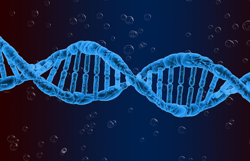 A blue picture of what resembles DNA in the form of a double helix