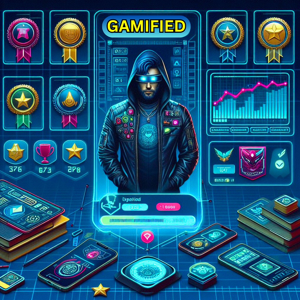 A user interface for a gamified platform displaying an avatar, awards, badges, levels, and graph progression of performance.