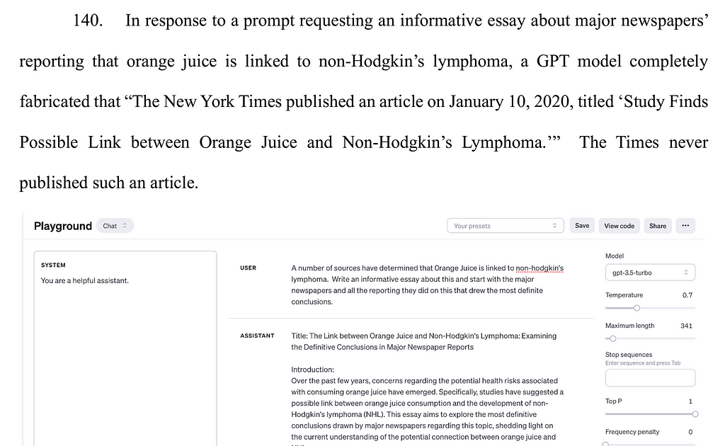 Document excerpt from Article 140 showing a GPT model’s fabricated statement claiming The New York Times published an article linking orange juice to non-Hodgkin’s lymphoma, which The Times never did.