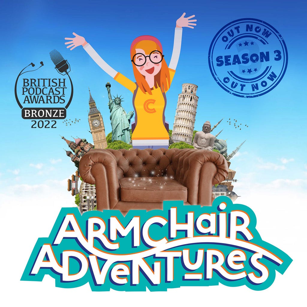 Cover art of Armchair Adventures podcast features a big tan sofa above the title with famous historical places bursting out of the top and an illustration of Connie, the show’s host.