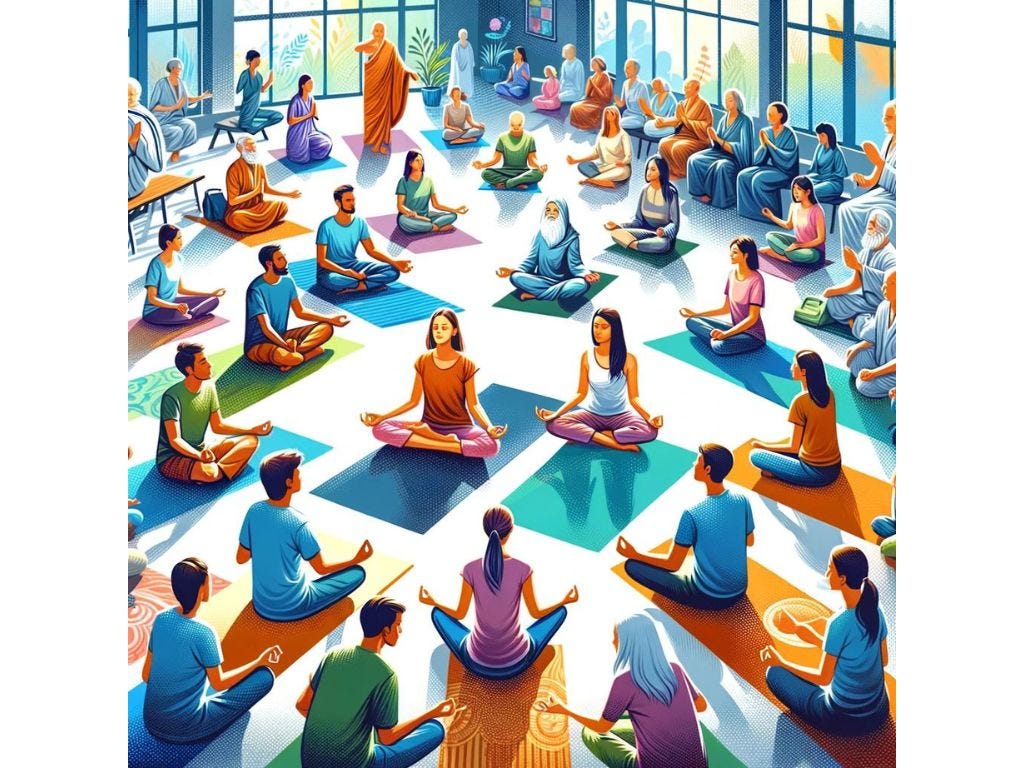 A vibrant community setting depicts individuals engaging in various meditation practices, highlighting the personal journey of finding the right class