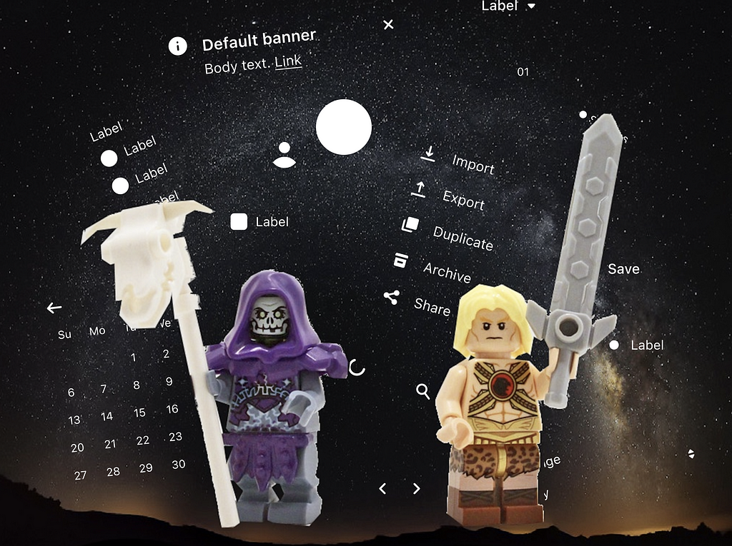 A collage of he-man and skeletor lego figures in front of a public domain image of the galaxy. Snippets from a design system form stars in the galaxy.
