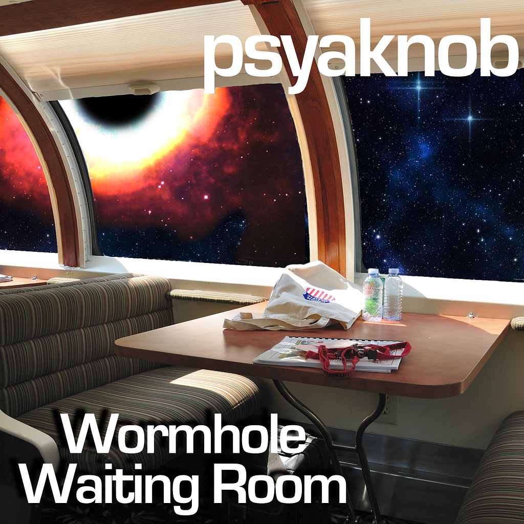 Cover of Wormhole Waiting Room showing a black hole viewed through a diner window on a space station