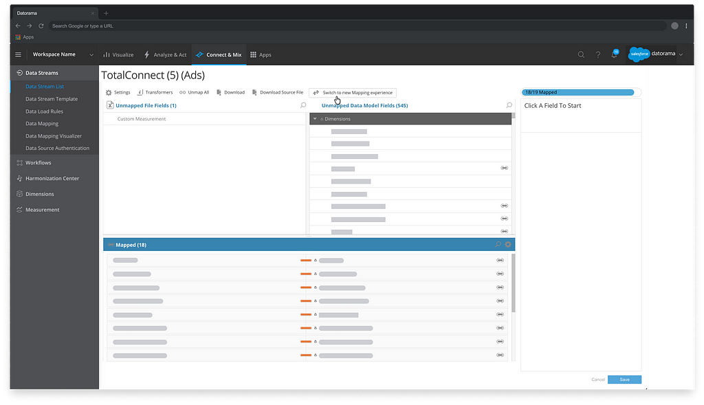 Image show screen with left navigation and several boxes representing different data streams.