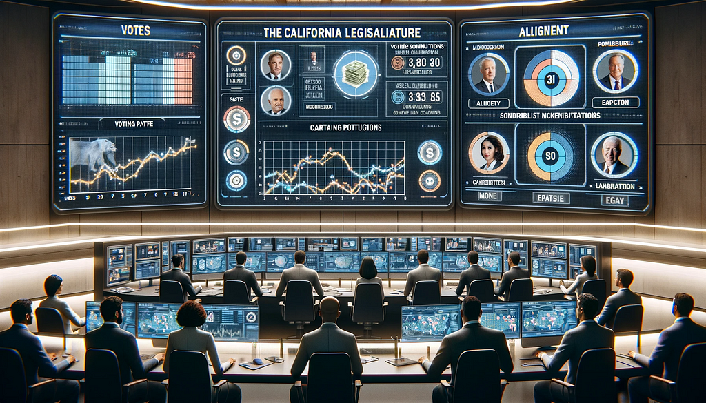 This illustration of three widescreens with charts, graphs and profile pictures, facing two rows of analysts, was created by the artificial intelligence platform ChatGPT based on a description of Digital Democracy.