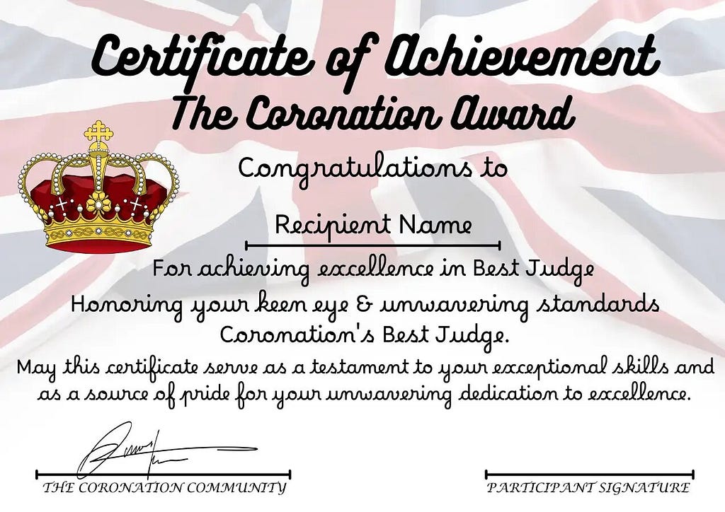 Coronation Achievement Award Certificate with UK Flag and Calligraphy Style