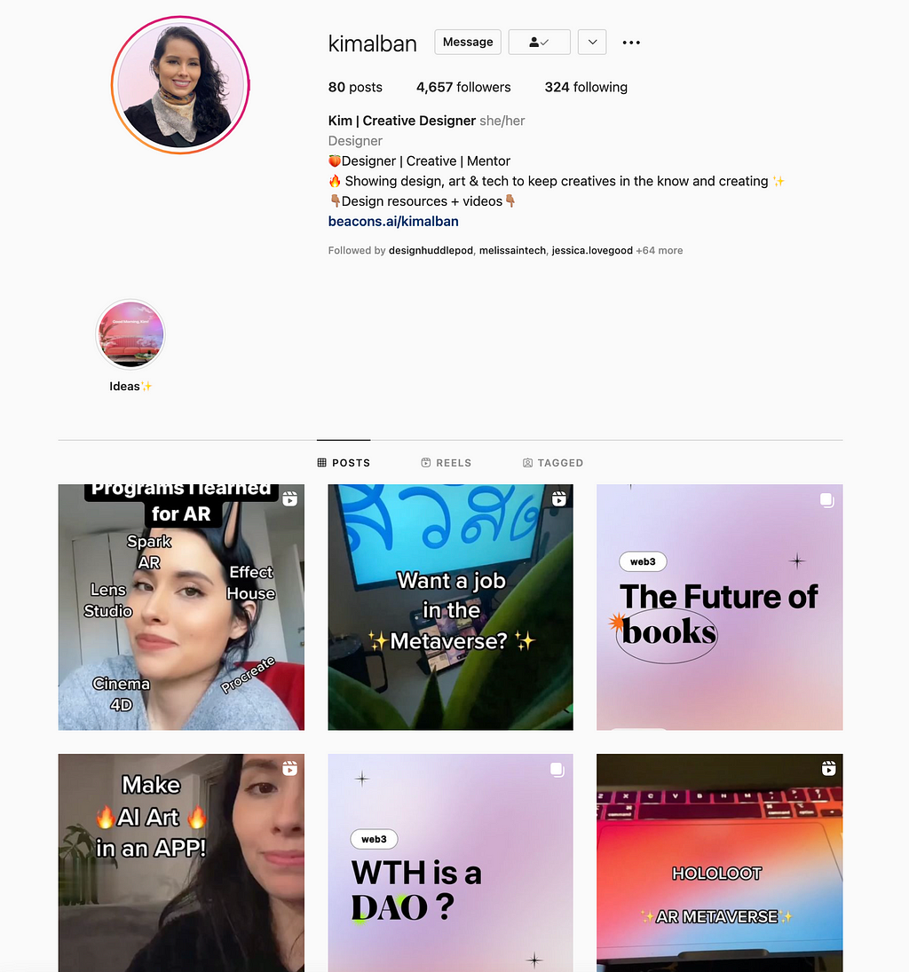 Screenshot of an Instagram profile showing the top 6 posts that show up in feed and the Bio of the Instagram profile