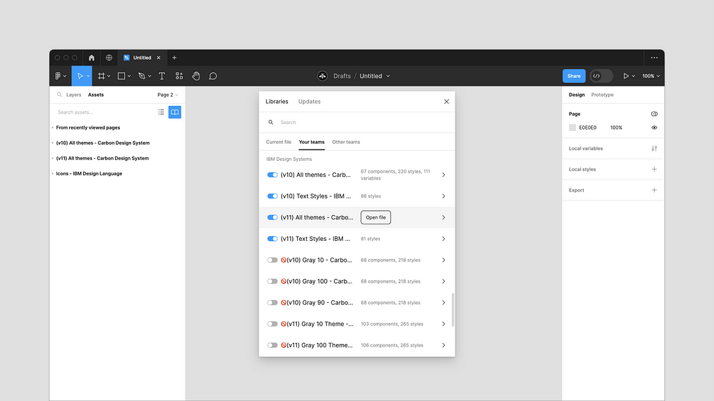 The library panel in Figma showing the new Carbon library names.