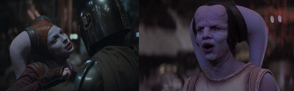 on the left, an image of Natalie Tena as Xian & the Mandalorian. On the right, Ismael Cruz Cordova as Qin.