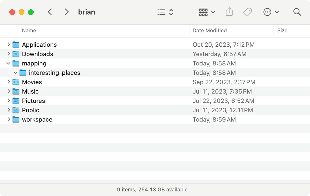 macOS Finder window with a number of folders, including a folder named mapping with a folder named interesting-places inside of it.