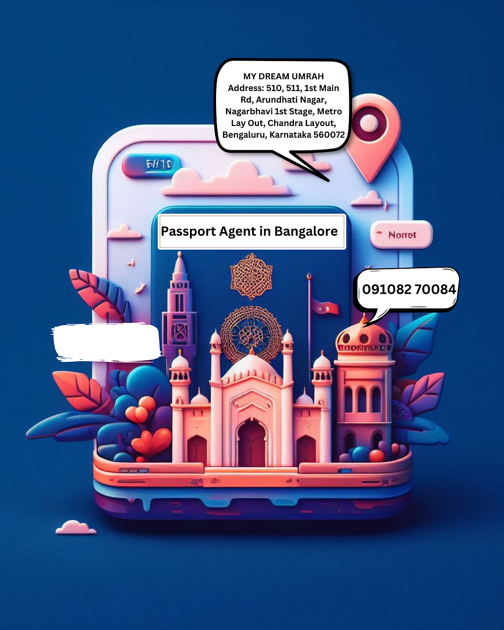 Passport Agent In Bangalore-”An image representing MY DREAM UMRAH, the trusted passport agent near you in Bangalore. The picture showcases the central location at 510, 511, 1st Main Rd, Arundhati Nagar, Nagarbhavi 1st Stage, Metro Layout, Chandra Layout, Bengaluru, Karnataka 560072. Emphasizing the 24/7 availability, a clock symbolizes continuous service throughout the week. Professionalism and trust are conveyed through images of friendly staff and a well-organized office space. The visual also