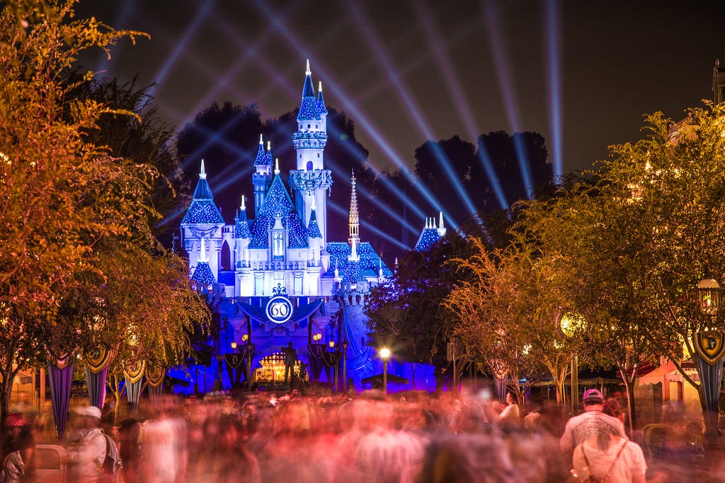 Sleeping Beauty Castle in Walt Disneyland, Anaheim, CA bathed in light with spotlights