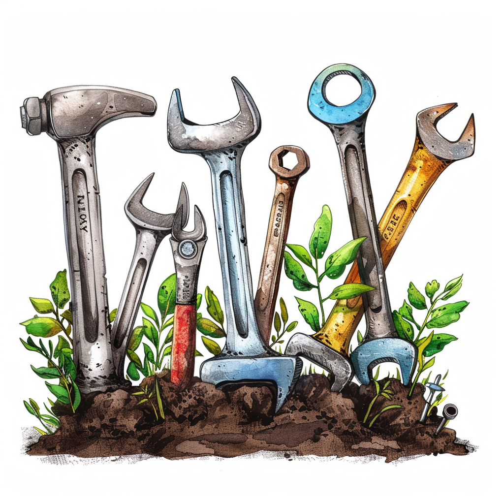 A colour pencil sketch of some tools growing like plants out of soil. A hammer and six spanners. Image generated by Midjourney, hence the weirdly shaped hammer.