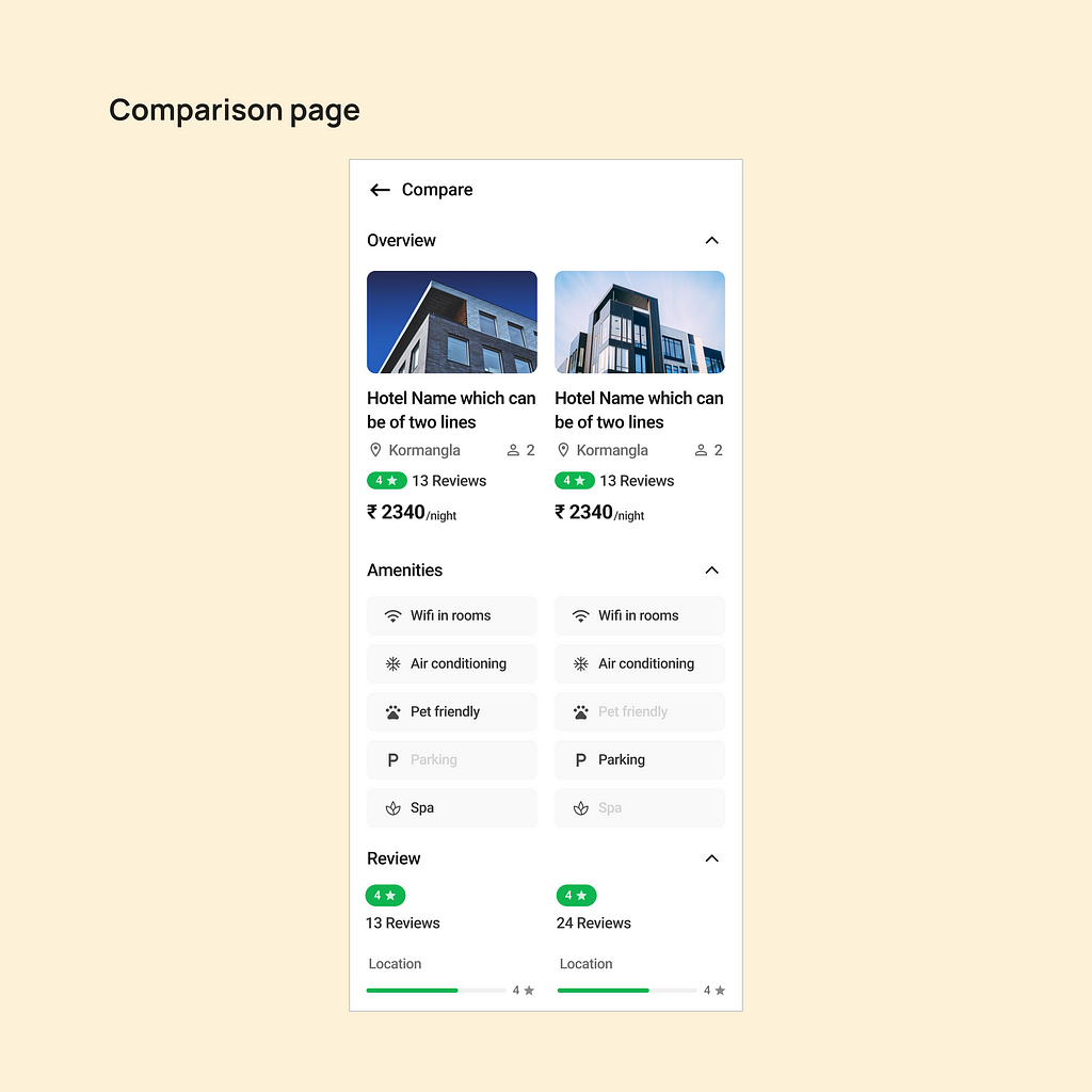 UI of comparison page before usability testing