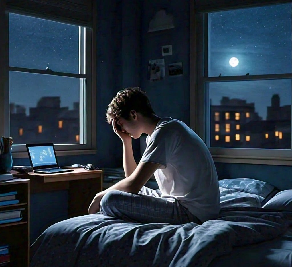 A boy struggling with sleep due to Insomnia. It’s midnight, he has headache and he is sitting on his bed.