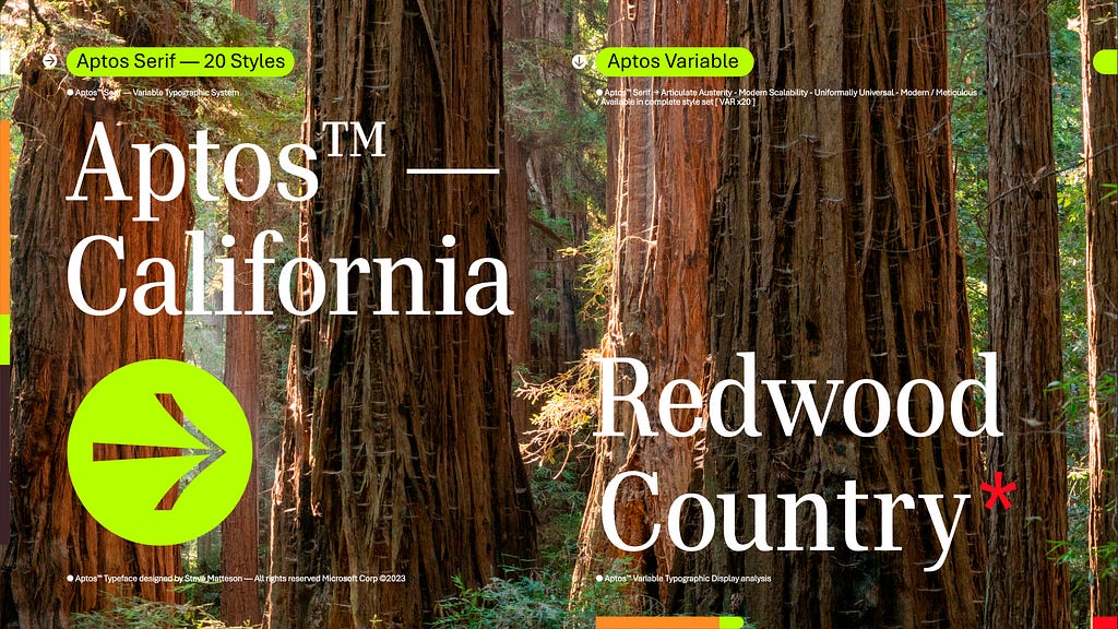 It’s the afternoon. The sun sets on redwood trunks trees. Aptos California and Redwood Country are typed in white Aptos typeface. A bright lime green arrow points to a trunk.