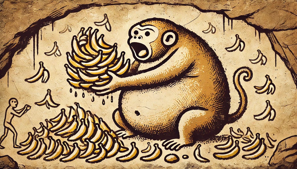 Fat and greedy monkey with bananas all around.