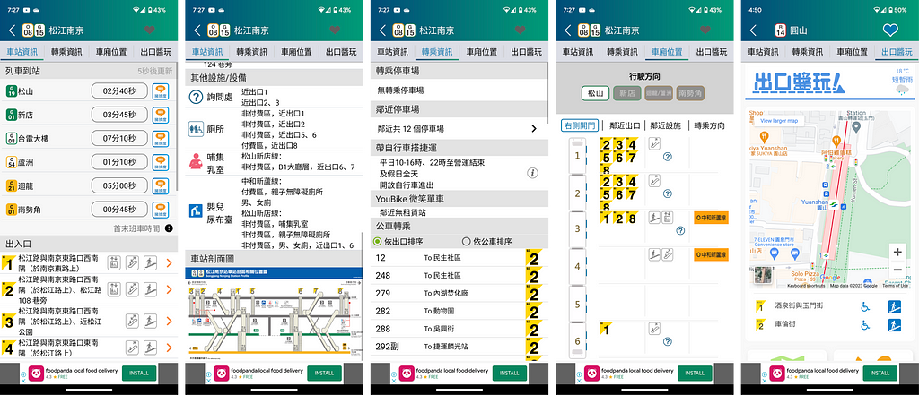 Screens from the original Metro Go app: “Station info” (車站資訊) [Leftmost & Second from left], “Transfer info” (轉乘資訊) [Middle], “Car location” (車廂位置) [Second from right], “Exit info” (出口醬玩) [Rightmost]