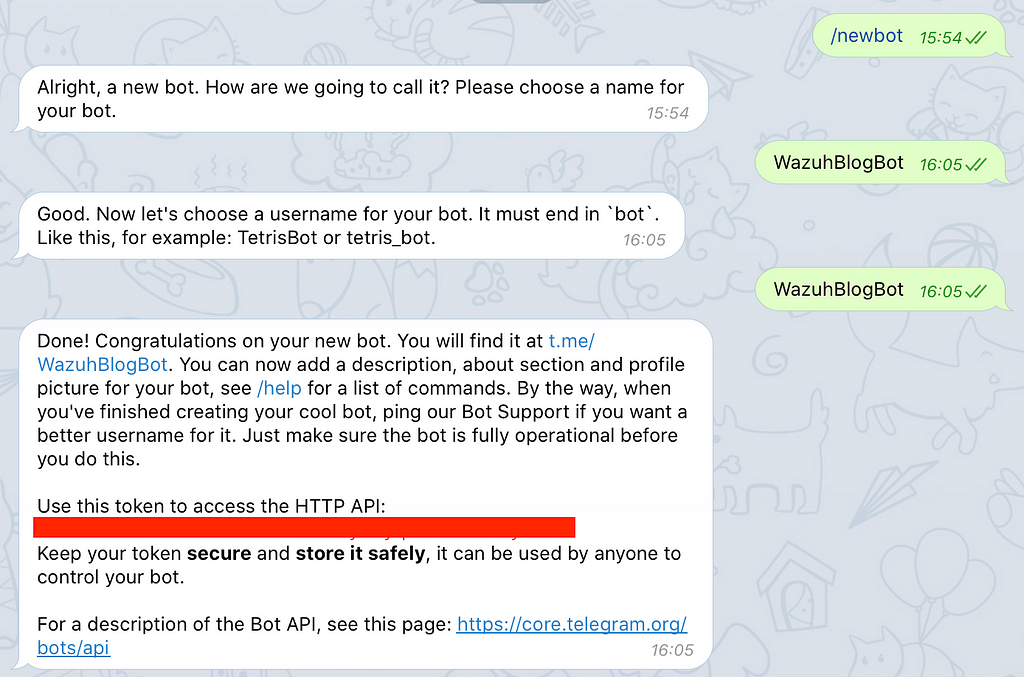 Telegram conversation with BotFather to create a new bot.