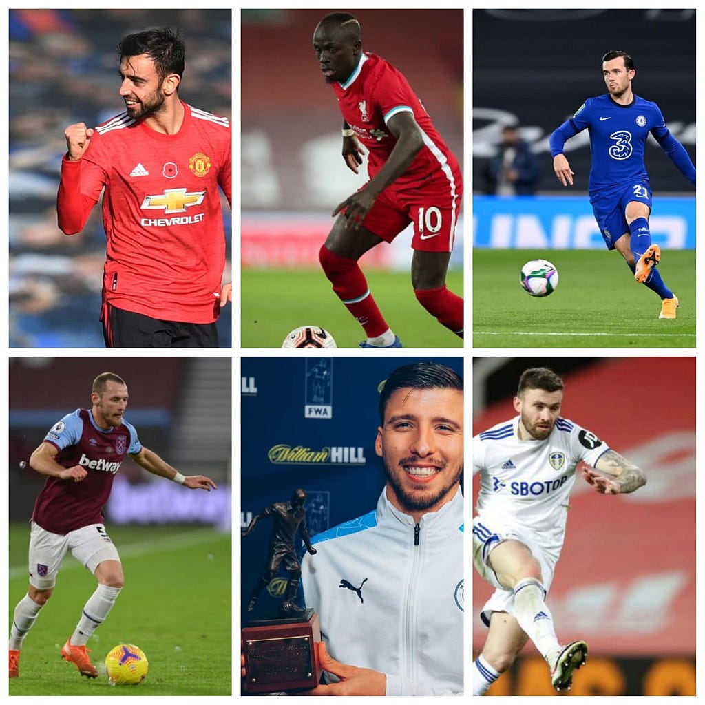 From Top Left: Bruno Fernandes, Sadio Mane, Ben Chilwell, Vladimir Coufal, Ruben Dias and Stuart Dallas