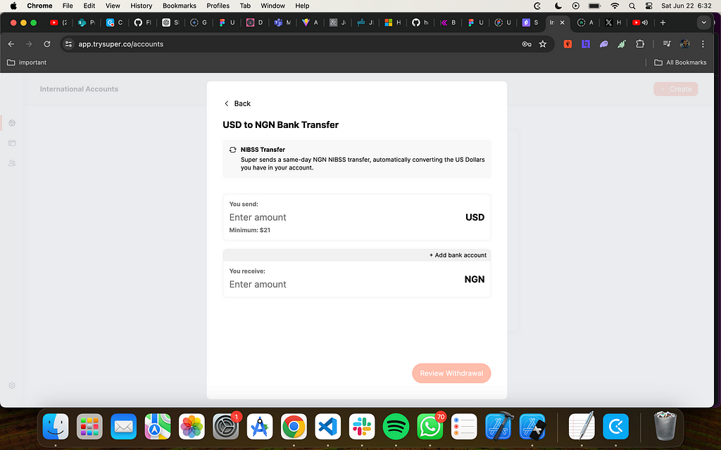 A USD to NGN Bank Transfer Screen on the Super App