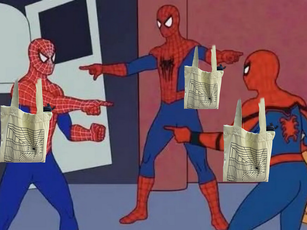3 spidermen with the Figma Tote bags on their shoulders pointing at each other