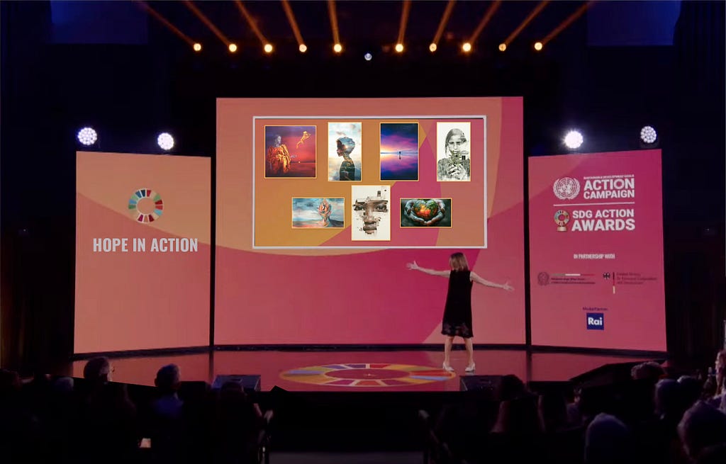 Marina Ponti, Global Director of the UN SDG Action Campaign during the unveiling of 7 selected artworks at the UN SDG Action Awards Ceremony in Rome.