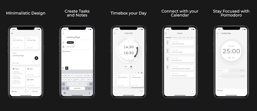 The Aikoa app with its most important features on iOS. (Tasks & Notes, Timeboxing, Calendar, and Pomodoro Timer)