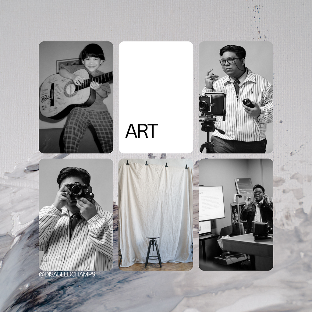 Six frames in black and white over a background with grey and white paint; pictures of each frame: Emillio as a child with guitar, the word ‘Art’, Emillio with an Analog camera, Emillio with a film camera, a backdrop and a stool, and Emillio in his Analog photography workshop.