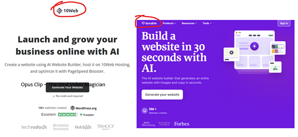 AI Website builders >> 10web.io and durable.co