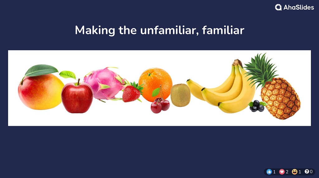 Making the unfamiliar, familiar. A pineapple, mango, dragonfruit, strawberry, orange, cherries, kiwi fruit, bananas, apple and blackcurrents.