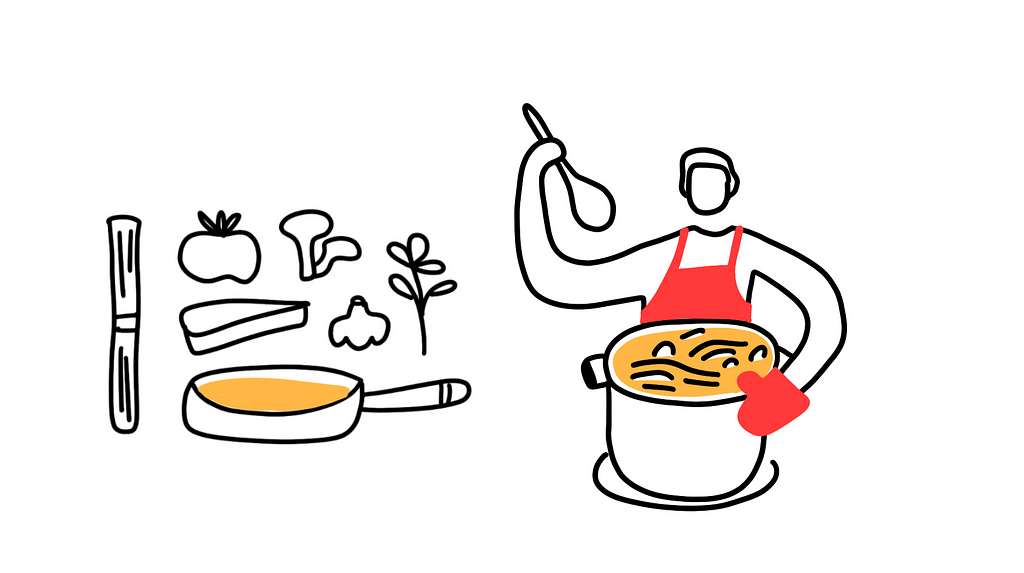 Drawing of a chef enjoying the process of cooking pasta with ingredients — tomato, basil, cheese, mushroom.