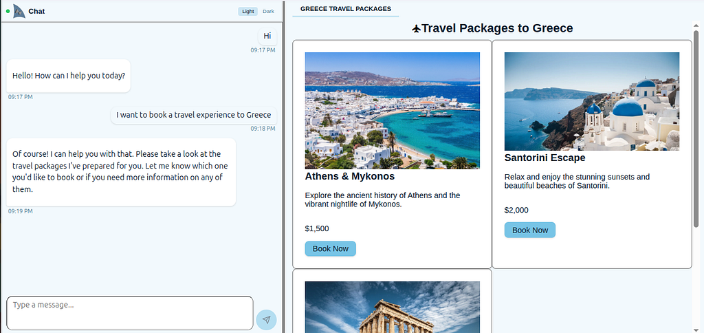 A screenshot of Freesail Agent-driven UI showing Greece Travel booking