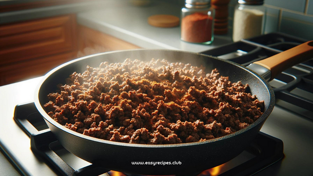 Ground beef being cooked in a skillet with taco seasoning, with the beef browned and well mixed with the spices. keyword: beef taco