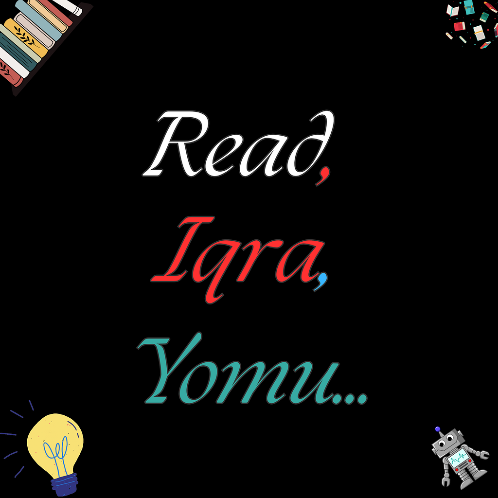A flier that has the words “Read, Iqra, Yomu”, in the white, red and blue colors respectively.