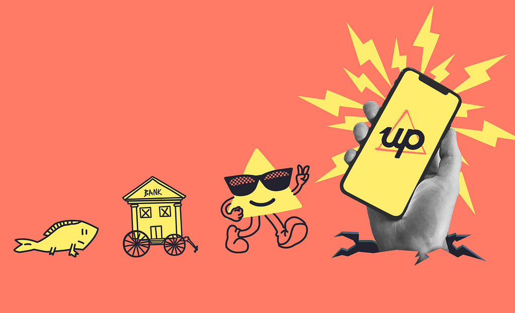 A graphic displaying the evolution of Up, from fish, to bank, to a triangle wearing sunglasses, to their app.