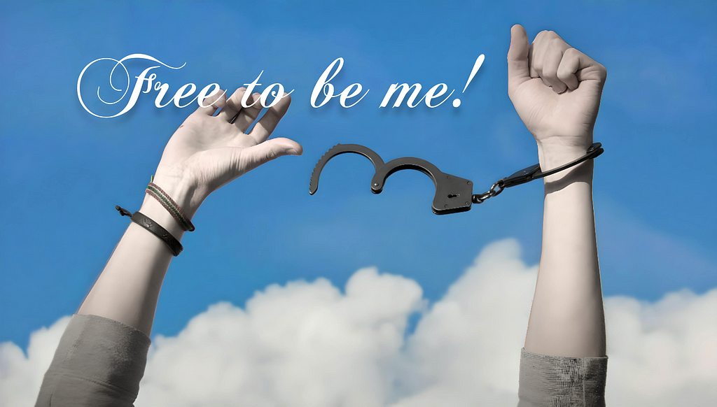 Two hands triumphantly lifted toward the heavens, having broken free from the constraints of handcuffs, set against a vivid blue sky dotted with soft, billowy white clouds. The powerful phrase “Free to be me!” boldly overlays the scene, embodying a sense of liberation and self-expression. This striking image, sourced from Pexels, has been thoughtfully modified by the author under a CCO license.