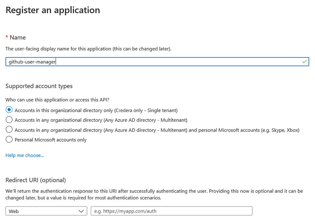 Microsoft Azure AD app registration creation screen with options for name, supported account types and redirect URI.