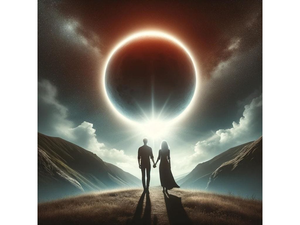 Silhouetted couple holding hands under a lunar eclipse, symbolizing destined transformation and the discovery of a moon phase soulmate.